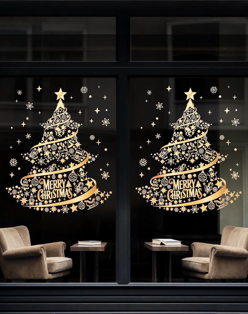 Nullyda Christmas Tree Window Clings for Glass, 19.69 * 15.75 Inch Large Golden Snowflake & Tree Decals, Removable Sticker for Glass Wall Mural Door Showcase DIY Christmas Decor - 2 Pack (Style A) - Image 2
